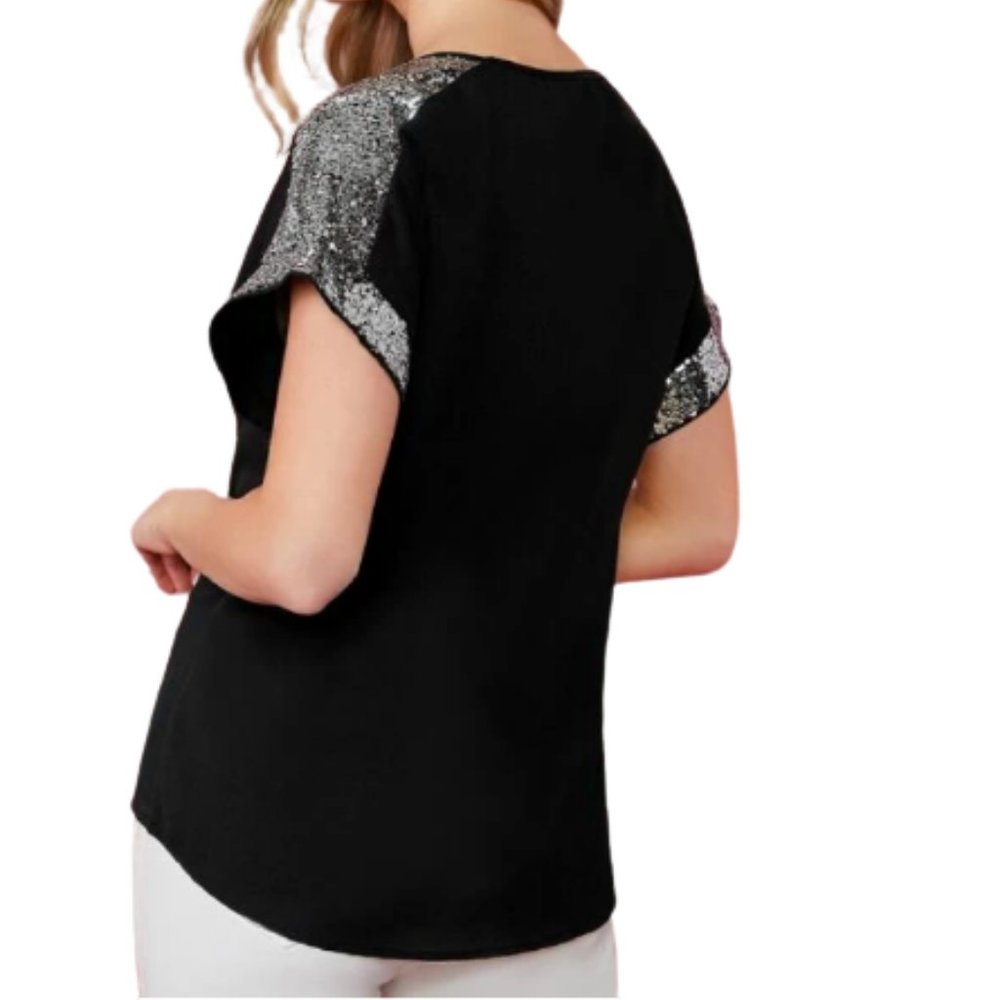 Black Sequin Solid Short Sleeve Blouse - Picture 2 of 2